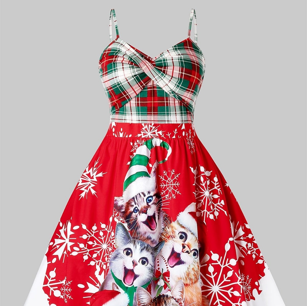 Plus Size Spaghetti Strap Plaid Panel Christmas